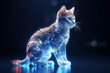 Portrait Abstract technology future cute little cat with cyber neon light effects on dark background, futuristic and cyberspace concept, glowing light on the kitten, with Generative Ai.