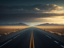 Highway In The Desert At Sunset.