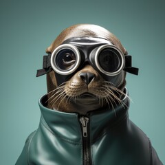 Canvas Print - a dog wearing a leather jacket and goggles. generative ai.