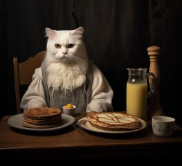 Poster - A white cat sitting at a table with pancakes and milk. Generative AI.