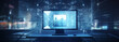 © Strabiliante - banner laptop computer with glowing blue digital line network structure. Technology and network concept. Double exposure.