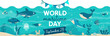 World Maritime Day - Editable vector banner - Sea world - Illustrations of sea animals, creatures and shells - Ocean, sea - Marine animals - Waves and bubbles 