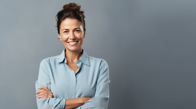 Turkish businesswoman in 40s, brown hair, copy space