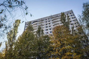 Sticker - 16-story residential building in Pripyat ghost city in Chernobyl Exclusion Zone, Ukraine