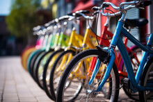 Outdoor Cycling Haven. Colorful Bicycles Lined Up At A Bike Rack