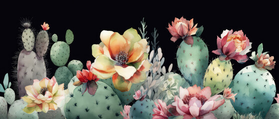Sticker - Cactus, succulent plant  watercolor illustration. Blooming of cactus flowers. Generative ai.