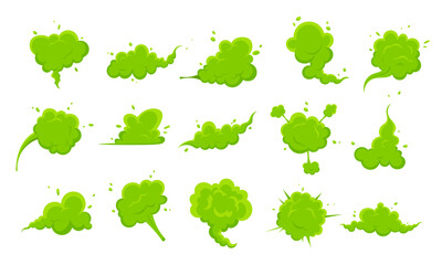 Wall Mural - Smelling green cartoon smoke or fart clouds flat style design vector illustration set. Bad stink or toxic aroma cartoon smoke cloud isolated on white background.