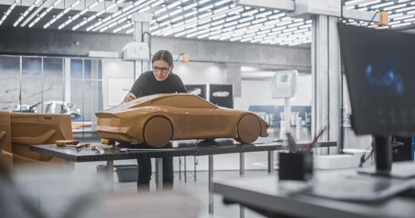 Wall Mural - Car Modeler Enjoying Creative Work Process on a Concept Car Made Out of Plasticine Modeling Clay. Handsome Designer Using Spatula to Smooth the Prototype Model of an Electric Vehicle