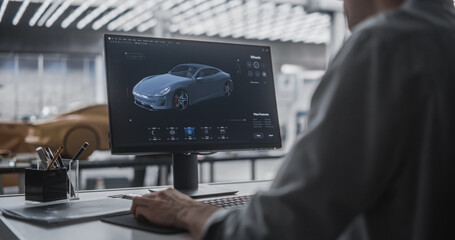 Automotive Designer Working on a Desktop Computer with 3D Customization Software for a Prototype Car Design. Digital Artist Applying Different Settings to a Concept Vehicle in a Manufacturing Studio