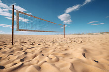 Recreation Area. Volleyball Net And Sand Court Ready For Play