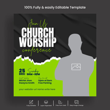 Church worship conference social media posts banner template church event flyer and online webinar talkshow, dj party promotional ads design