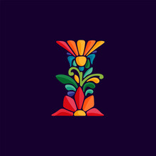 Letter I Logo With Mexican Colorful And Ornate Ethnic Pattern. Traditional Aztec Leaves And Flowers Embroidery Ornament.