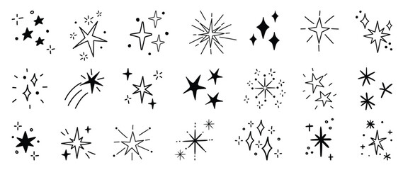 Wall Mural - set of cute sparkle doodle element vector. hand drawn doodle style collection of different sparkle, 