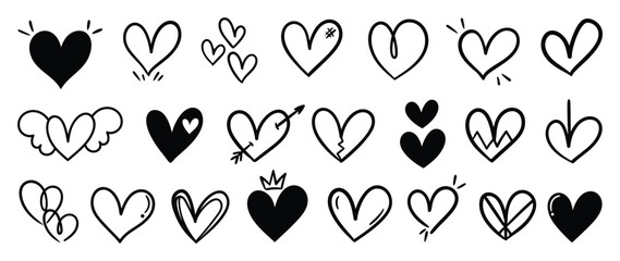 Wall Mural - Set of heart doodle element vector. Hand drawn doodle style collection of different heart, love symbol. Illustration design for print, cartoon, card, decoration, sticker, icon, valentine day.