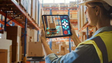Future Technology Concept: Female Worker Holding Tablet With AR Remote Control Application For Retail Warehouse AGV Robot with Infographics. Women Controlling Automated Guided Vehicles With Products.
