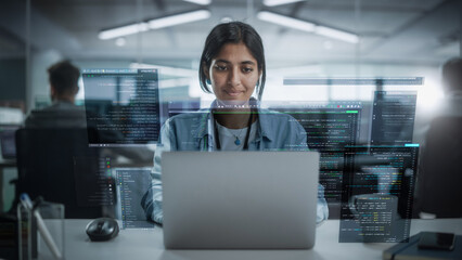 Fototapete - Young Indian Female Software Developer Working in Technological Start-Up Office. South Asian Specialist Programming Monitoring Solutions. VFX Hologram Edit Visualizing Coding Interface, Opened Windows