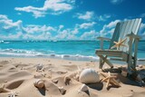 Fototapeta Łazienka - Vacation dreamscape 3D beach elements against blue sky background create tropical allure Generative AI