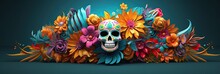Feast Of Dia De Los Muertos, Attributes And Traditions. Banner. With Generative AI Technology