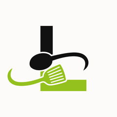 Wall Mural - Letter L Restaurant Logo Combined with Spatula and Spoon Icon