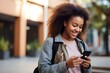 Happy African Black teen girl college generation z student with backpack looking at smartphone using mobile cell phone modern tech device standing in university campus. generative AI
