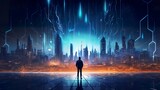 Fototapeta Londyn - man standing on big futuristic cyberpunk city background, silhouette, generative AI