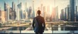 © Hero Design - Success businessman looking at modern cityscape. Generative AI technology.