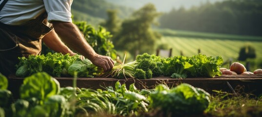 Wall Mural - Farmer harvest various types of vegetables. Generative AI technology.