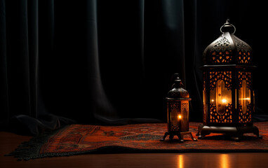 Wall Mural - Side view of Ramadan lantern with prayer rug in dark floor, lanterns in isolated background