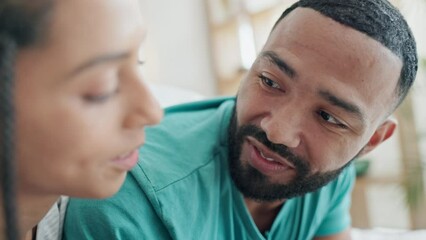 Poster - Bedroom conversation, face and couple communication, discussion and chat about relationship, home or connection. Talking, smile or happy relax man, speaking woman or marriage people bonding in Brazil