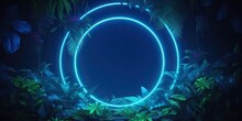 Circular Frame Features Blue Neon Lights Decorated With Palm Leaves. Futuristic Glowing Abstraction