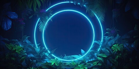 Circular frame features blue neon lights decorated with palm leaves. Futuristic glowing abstraction