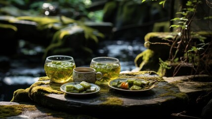 Poster - Flowing water, moss on stones, green leaves, transparent teacups Pale yellow tea