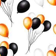Watercolor Halloween Seamless Pattern With Bunch Of Balls Illustration And Balls On A String. Hand Painting Orange, Black, White Balloon Sketch Isolated On White Background. For Designers, Decora