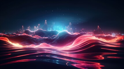 Wall Mural - neon wave, dark abstract background. ai generation