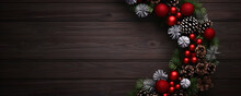 Top View Wreath Christmas With Fir Branches And Cones On Wood Background, AI Generate