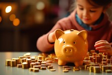 A Child Putting Coins In A Pink Piggy Bank