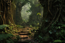 The Allure Of Adventure Captured, As An Explorer's Path Winds Through The Dense Underbrush Of The Vibrant Jungle