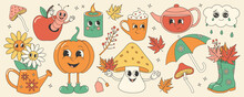 Groovy Retro Autumn Sticker Set. Trendy Retro Cartoon Style.