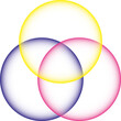 Überschneidung eines gelben, eines blauen und eines roten Kreises, mit Farbverlauf zur Mitte, mit scharfem Rand, transparenter Innenfläche und Hintergrund - als Überlagerung, Overlay - 3d