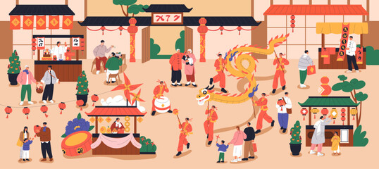 Chinese New Year celebration at fair, festival on city street. People celebrating Asian lunar holiday in China town with oriental lanterns decoration, dragon, market stalls. Flat vector illustration