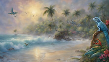 Tropical Beach With Blue Water Birds Iguana