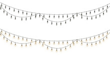 Isolated Christmas Garland On A Transparent Background. Shining Yellow Light Bulbs With Sparkles. Suitable For Xmas, New Year, Wedding, Or Birthday Decorations. Perfect For Party Event Decor. PNG