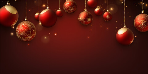 Red christmas balls decorations on red background, AI generate