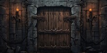 AI Generated. AI Generative. Fantasy Cartoon Dungeon Door Entrance Exit Wooden And Metal. Can Be Used Like Game Concept