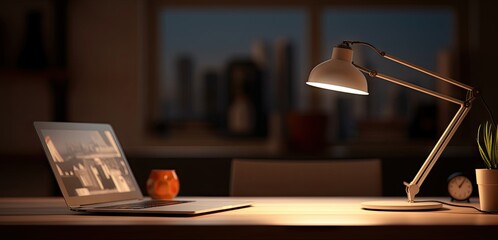 Laptop on wooden table in office. There are stationery and bookcase. Work in dark. Home office with computer and evening glow