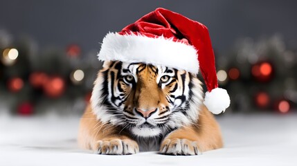 Wall Mural - Animal New Year party concept. Tiger with Santa Claus hat, blurred background. Merry Christmas card.