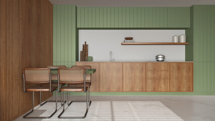 Wall Mural - Minimal wooden kitchen and dining room in white and green tones. Resin floor, front view. Cabinets, appliances and table with chairs. Japandi interior design