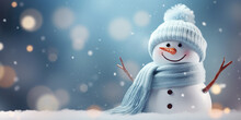  Smiling Snowman With Blue Backdrop, Perfect For Holiday Designs.                           