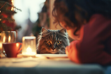 Wall Mural -  Curious child and kitten share a cozy winter moment by the table.                           