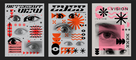 Aufkleber - Cool Abstract Geometric Posters with Eyes. Y2K Retro Vintage Placards. Modern Geometrical Artwork. Vintage Shape Pattern.